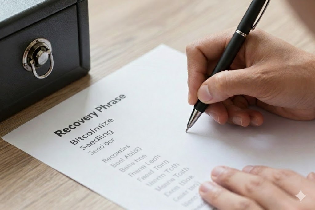 Person writing down a seed phrase on paper and storing it in a secure location